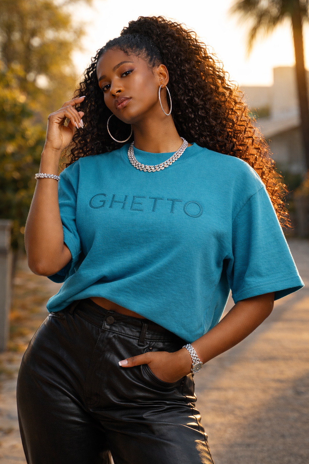 GHETTO Heavyweight Embroidered Tee – Electric Teal (Limited Release)