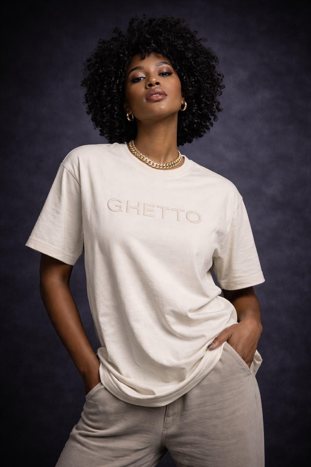 GHETTO Heavyweight Embroidered Tee – (Bone)